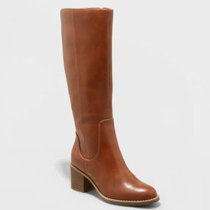 Brown/Cognac Leather Heeled Knee High Boots- NWOT